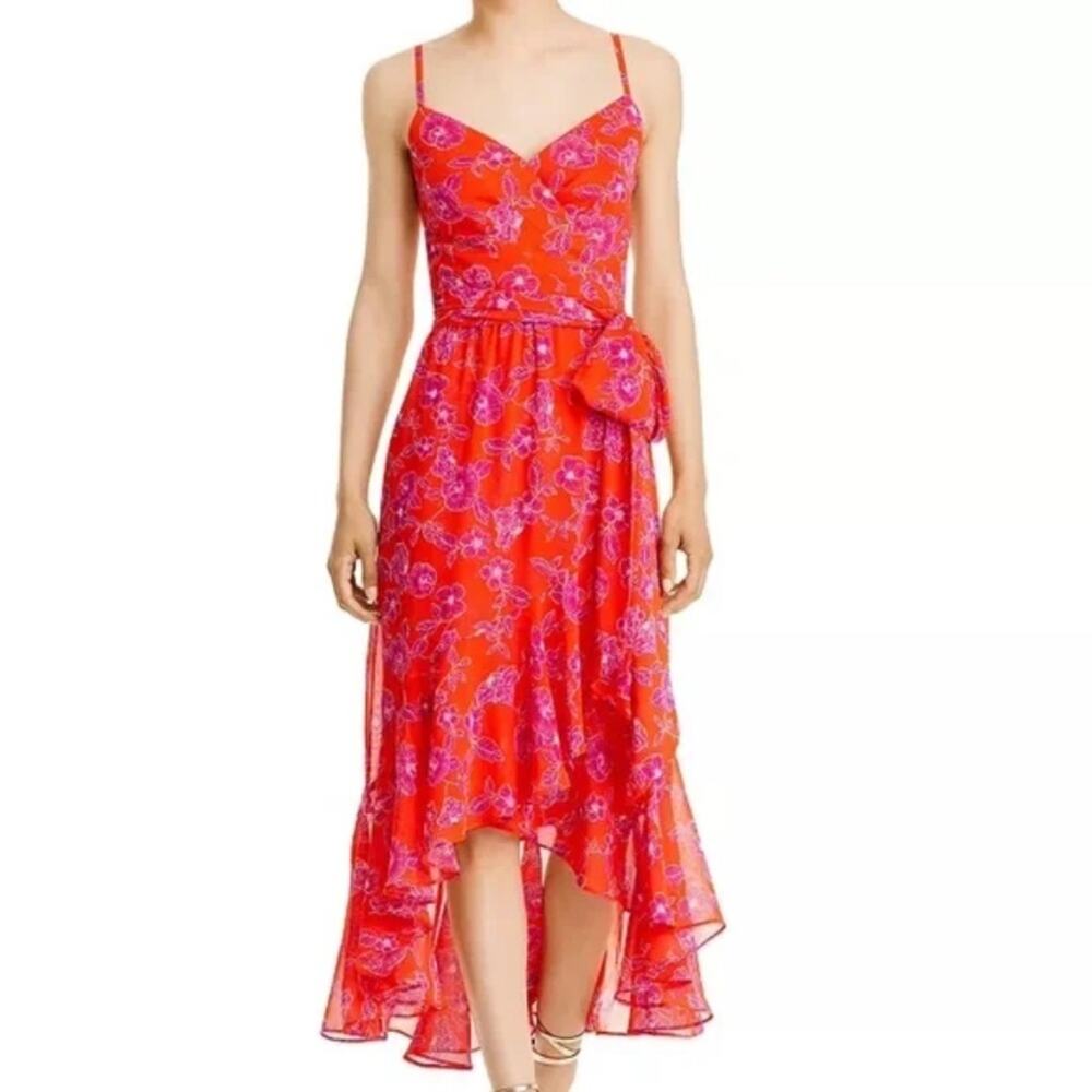 Eliza J Side Tie Floral Chiffon Midi Dress Pop Size 6 NWT